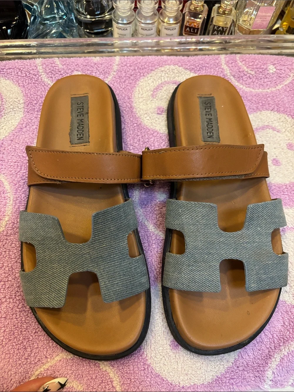 Steve Madden “Mayven” Light Blue Denim and Tan Leather Slide Sandals